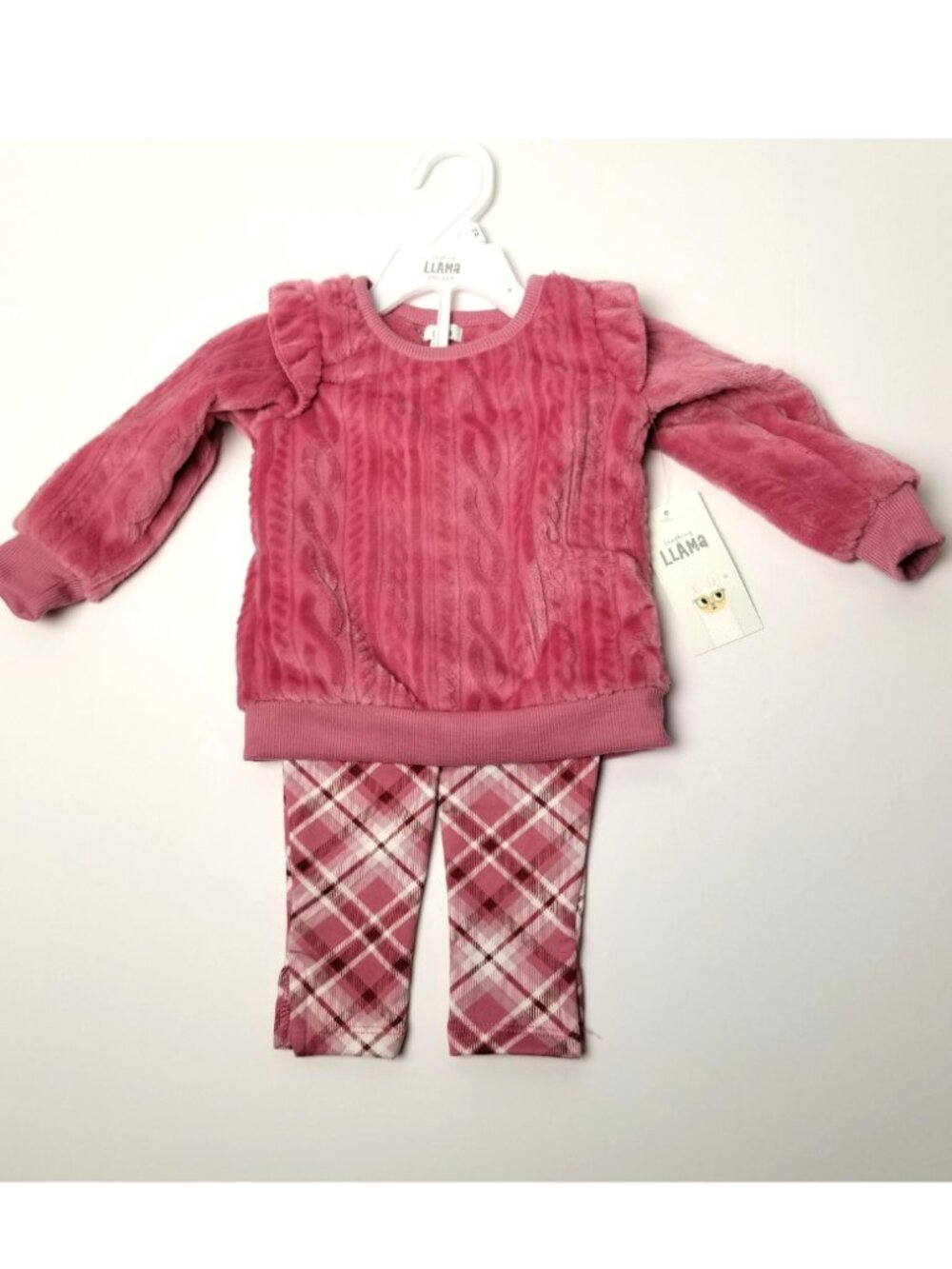 Laughing Llama Baby Girls Outfit 12M Pink Plush Top Plaid Pants Set NWT
